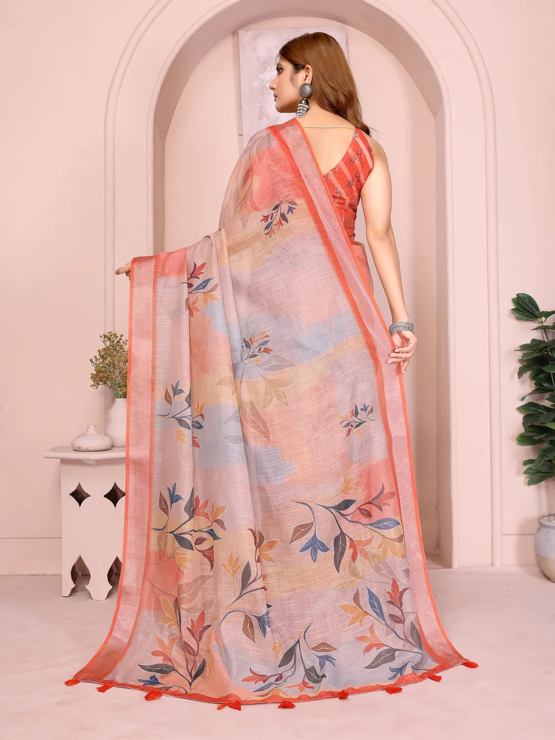 Peach Linen Cotton Floral Saree with Contrast Blue Border