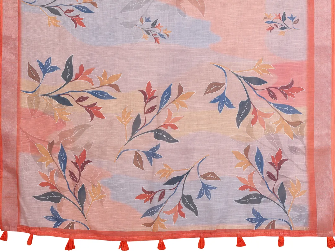 Peach Linen Cotton Floral Saree with Contrast Blue Border
