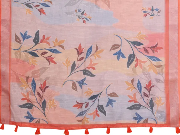 Peach Linen Cotton Floral Saree with Contrast Blue Border