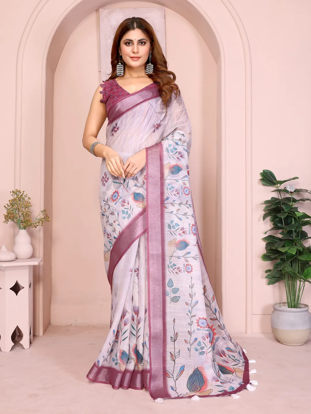 Lavender Linen Cotton Floral Print Saree with Contrast Border
