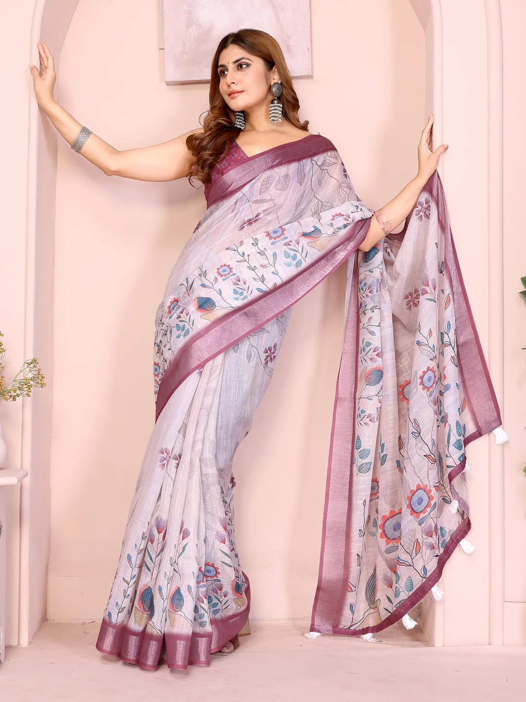 Lavender Linen Cotton Floral Print Saree with Contrast Border