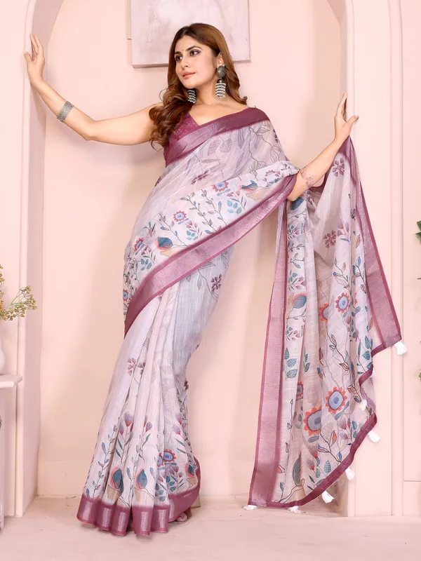 Lavender Linen Cotton Floral Print Saree with Contrast Border