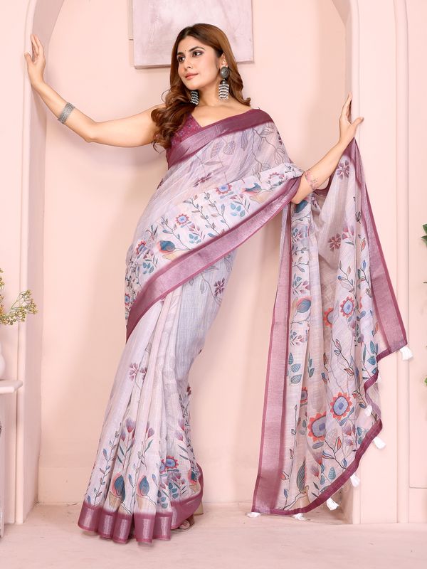 Lavender Linen Cotton Floral Print Saree with Contrast Border