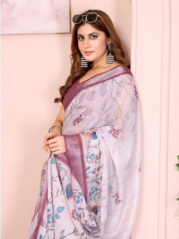 Lavender Linen Cotton Floral Print Saree with Contrast Border