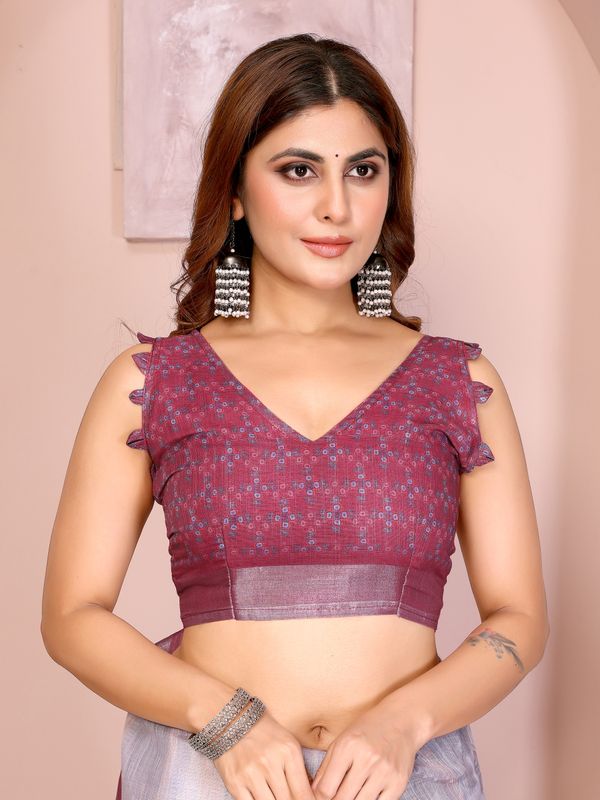 Lavender Linen Cotton Floral Print Saree with Contrast Border