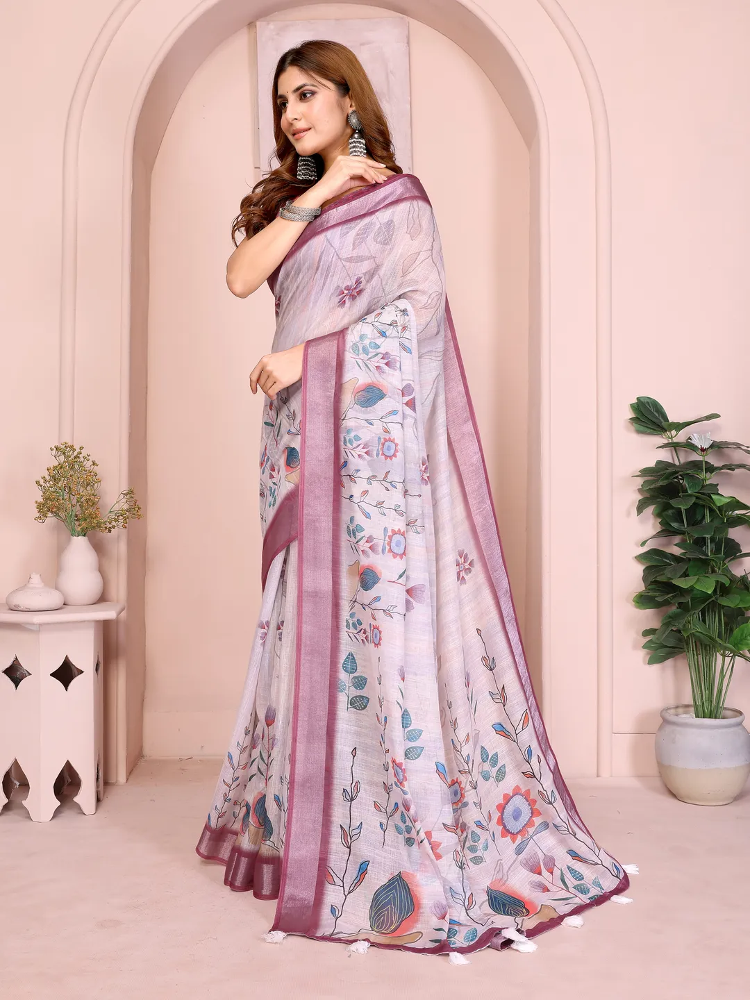Lavender Linen Cotton Floral Print Saree with Contrast Border
