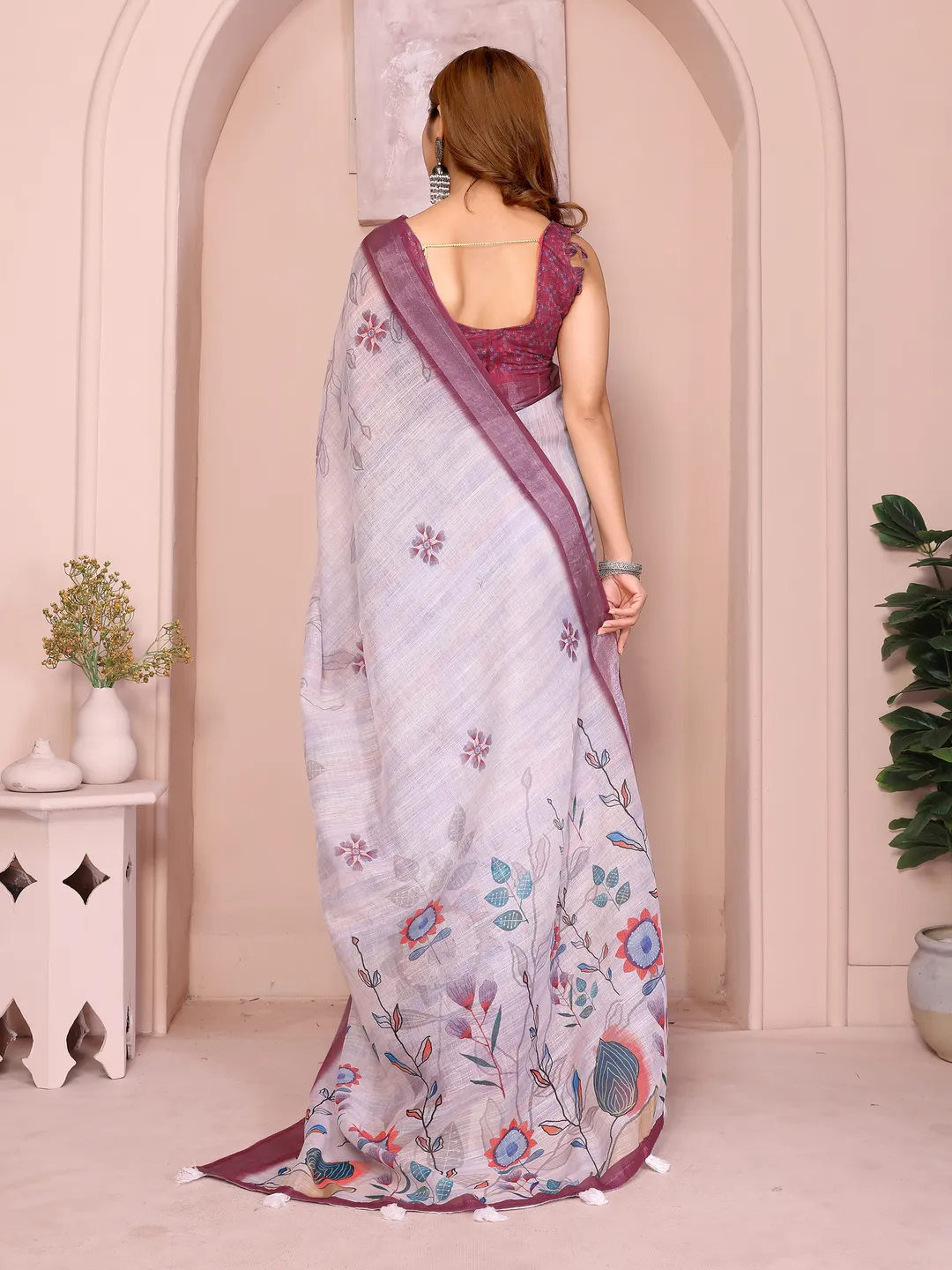 Lavender Linen Cotton Floral Print Saree with Contrast Border