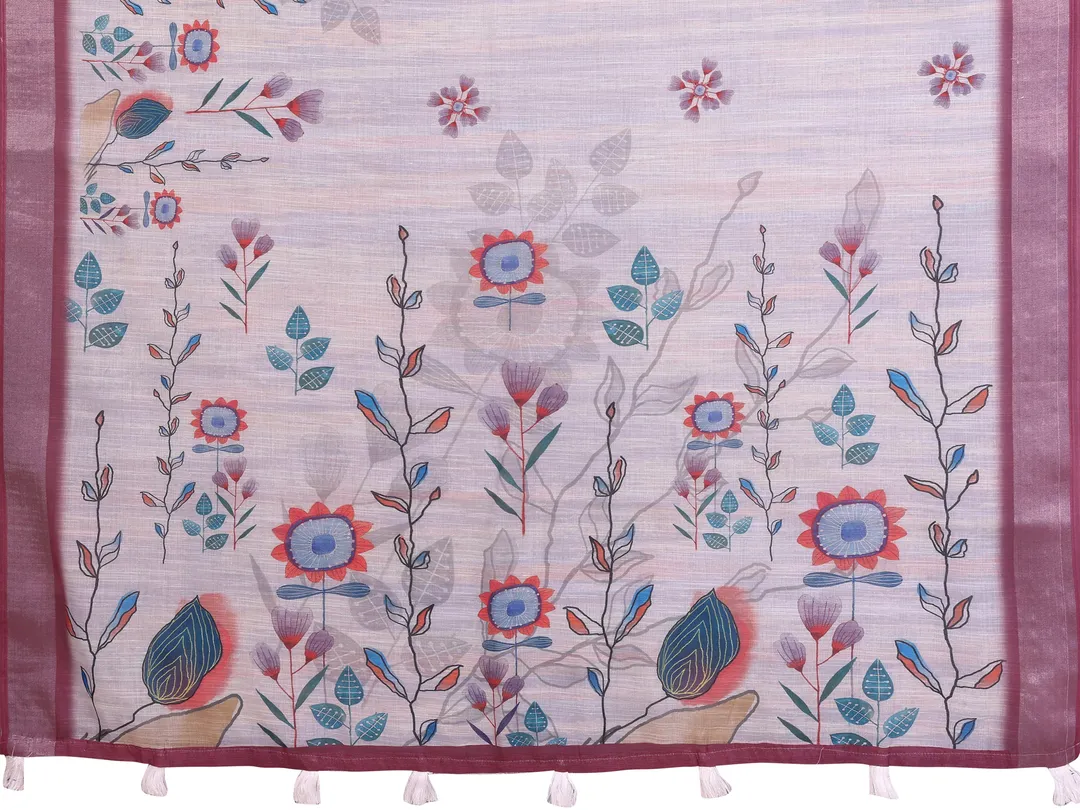 Lavender Linen Cotton Floral Print Saree with Contrast Border