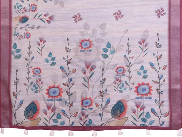 Lavender Linen Cotton Floral Print Saree with Contrast Border