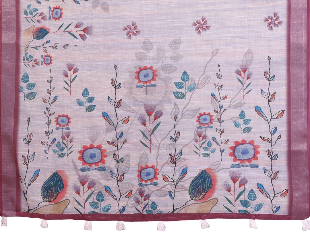 Lavender Linen Cotton Floral Print Saree with Contrast Border