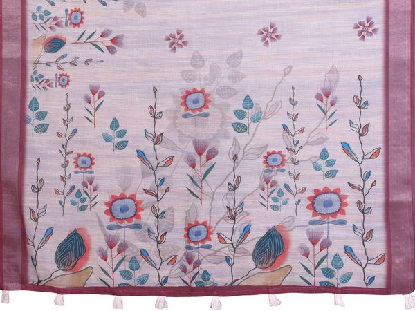 Lavender Linen Cotton Floral Print Saree with Contrast Border
