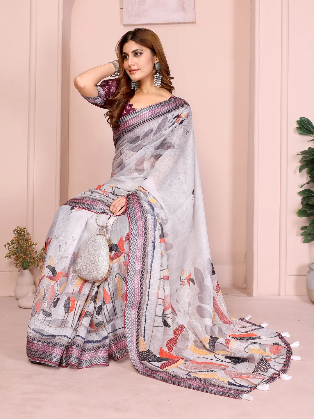 Light Grey Linen Cotton Floral Print Saree with Blue Border