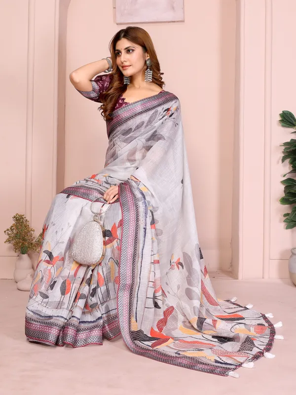 Light Grey Linen Cotton Floral Print Saree with Blue Border