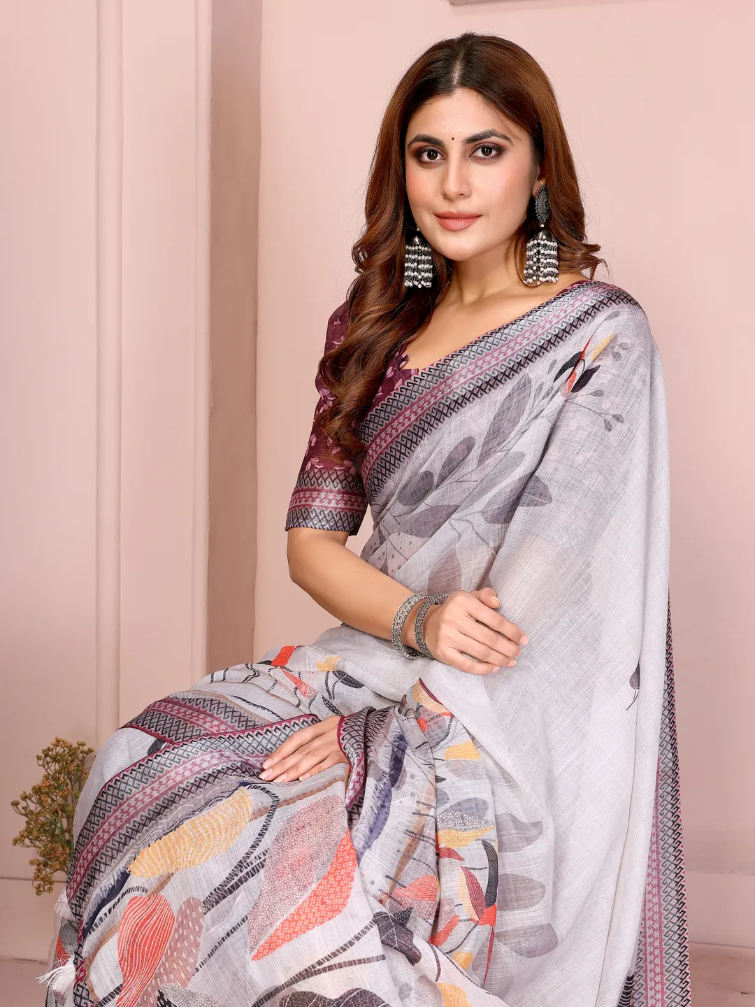 Light Grey Linen Cotton Floral Print Saree with Blue Border