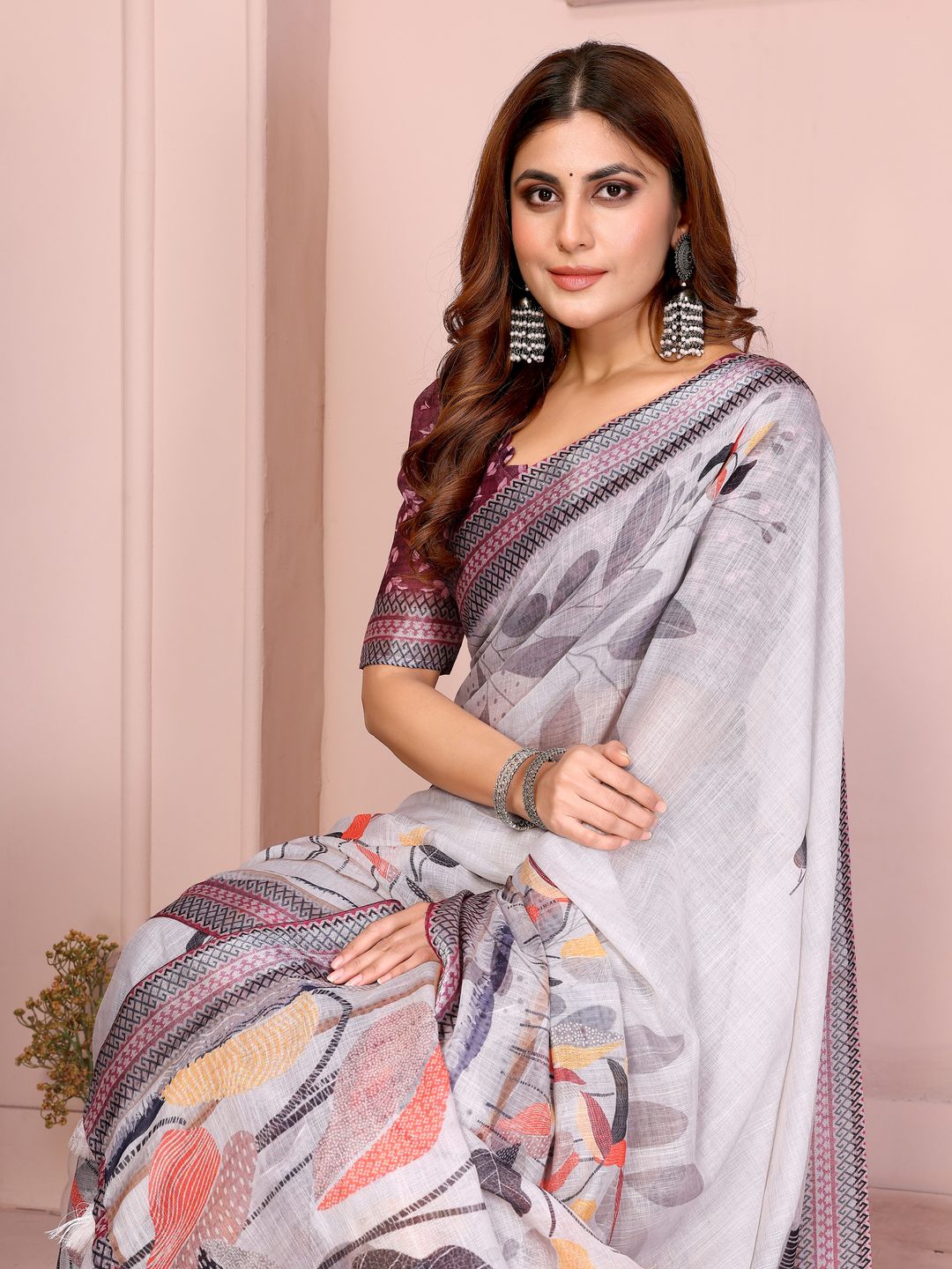 Light Grey Linen Cotton Floral Print Saree with Blue Border