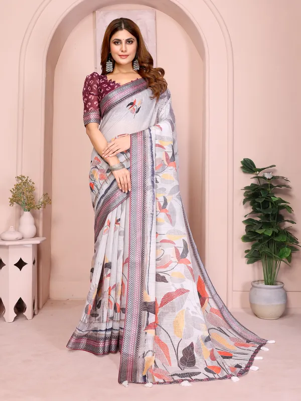 Light Grey Linen Cotton Floral Print Saree with Blue Border