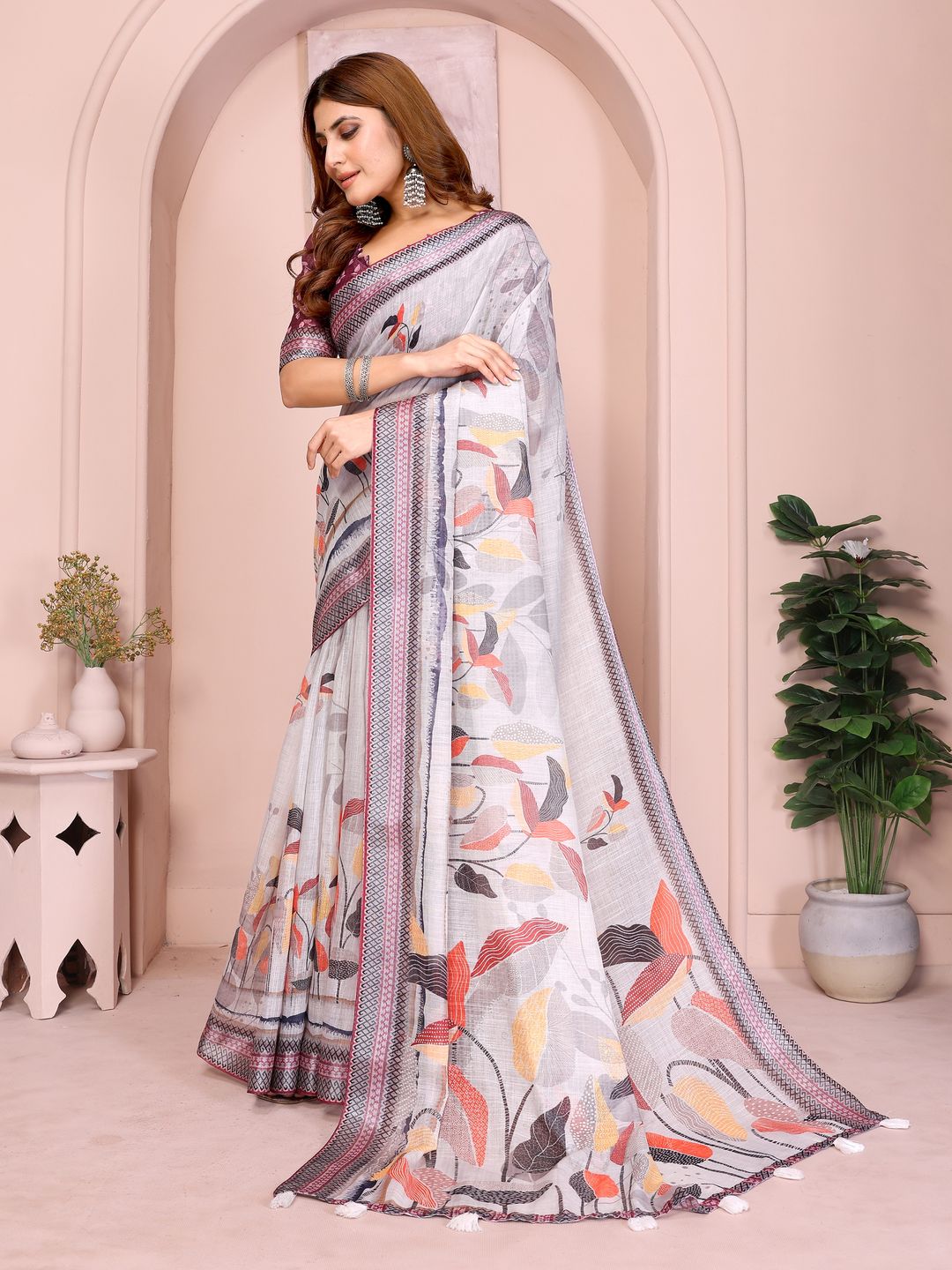 Light Grey Linen Cotton Floral Print Saree with Blue Border