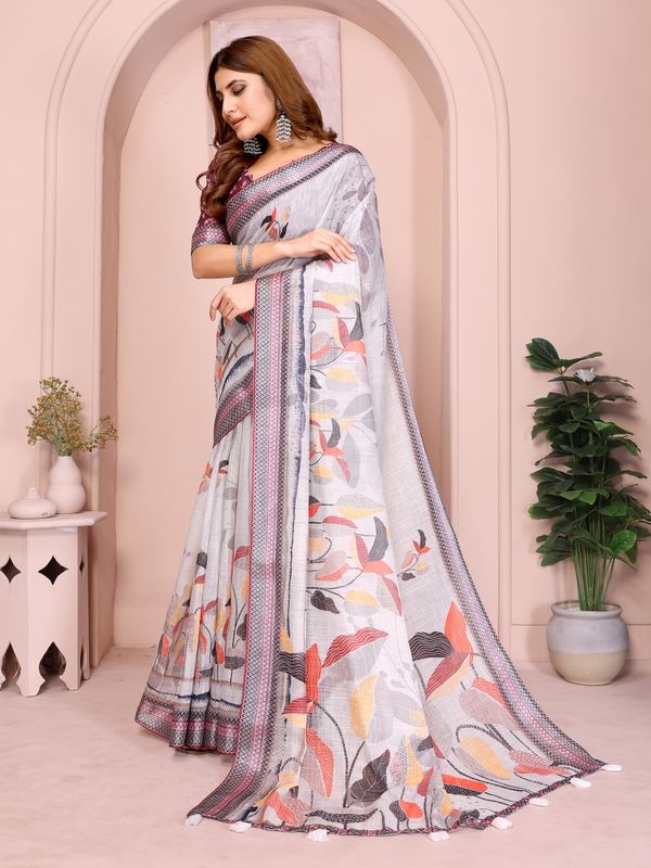 Light Grey Linen Cotton Floral Print Saree with Blue Border