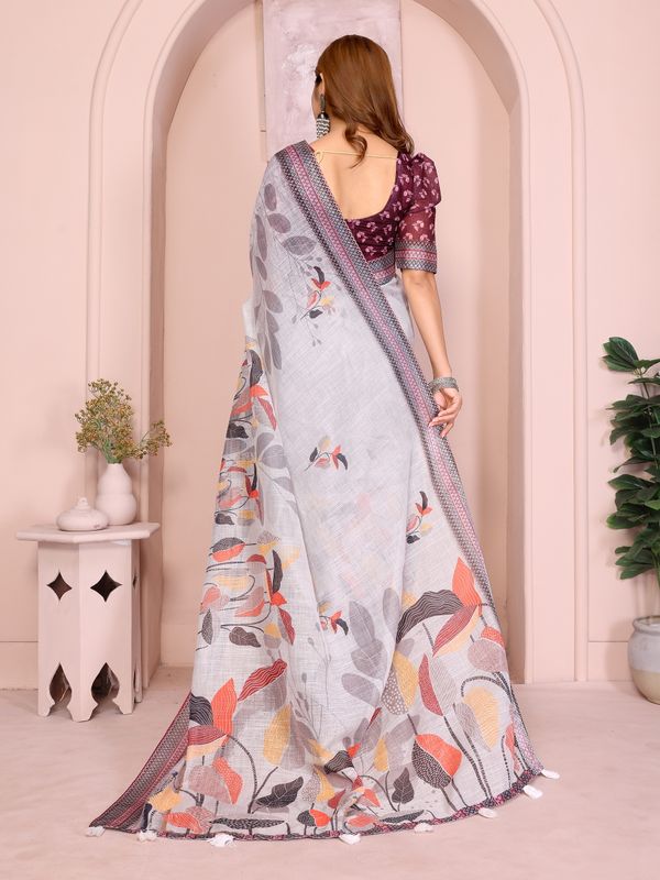 Light Grey Linen Cotton Floral Print Saree with Blue Border