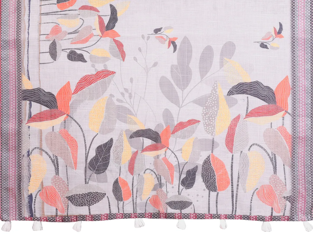 Light Grey Linen Cotton Floral Print Saree with Blue Border