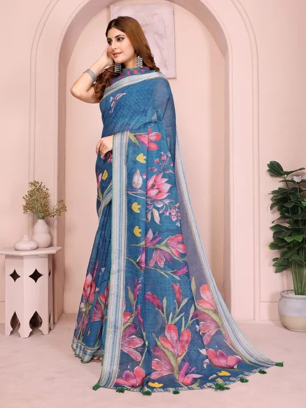 Blue Linen Cotton Floral Print Saree with a Contrast Border