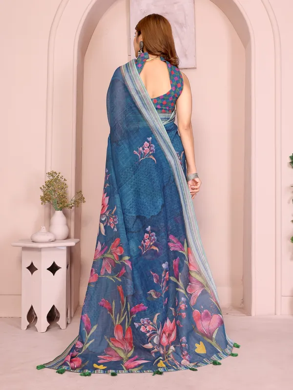 Blue Linen Cotton Floral Print Saree with a Contrast Border