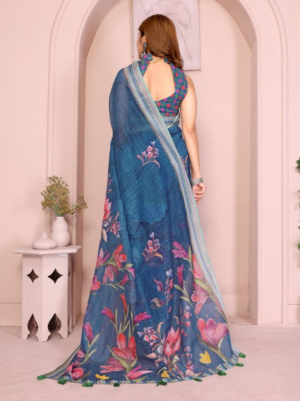 Blue Linen Cotton Floral Print Saree with a Contrast Border