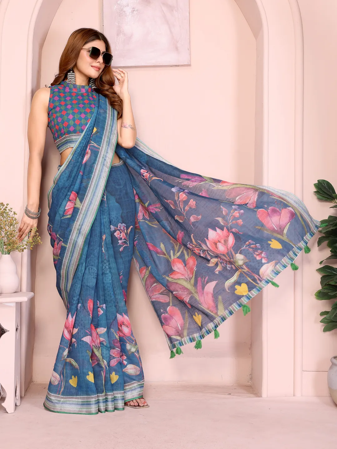 Blue Linen Cotton Floral Print Saree with a Contrast Border