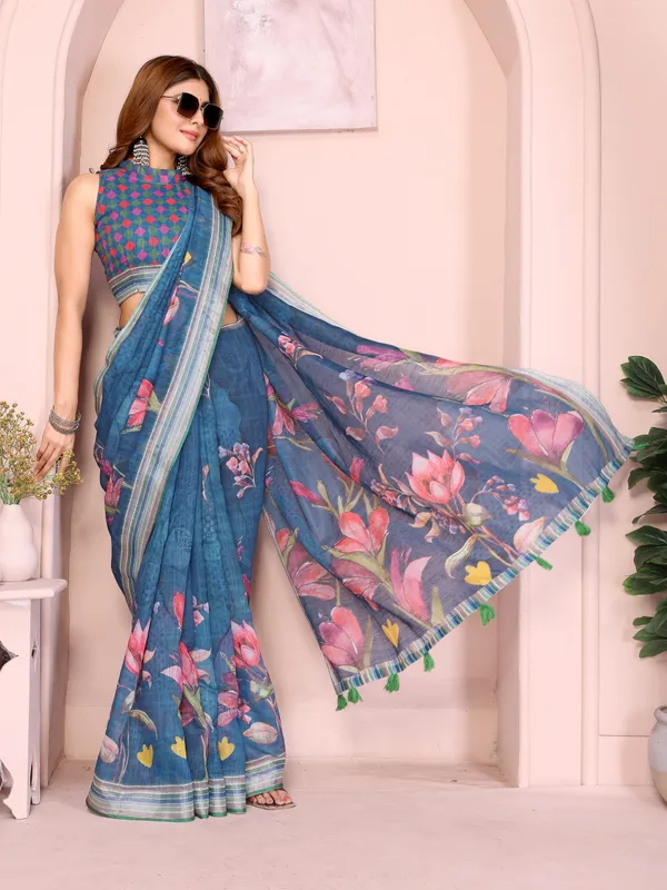 Blue Linen Cotton Floral Print Saree with a Contrast Border
