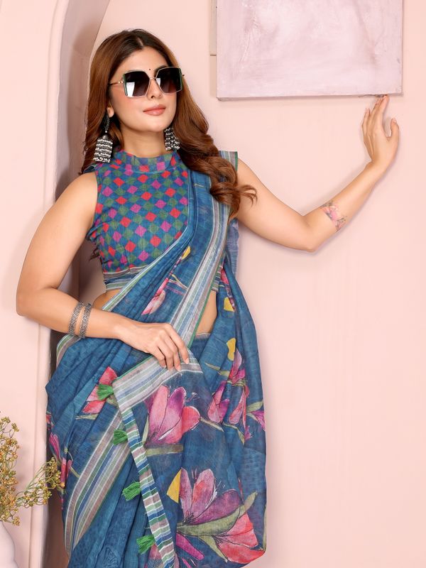 Blue Linen Cotton Floral Print Saree with a Contrast Border