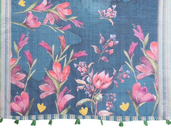 Blue Linen Cotton Floral Print Saree with a Contrast Border