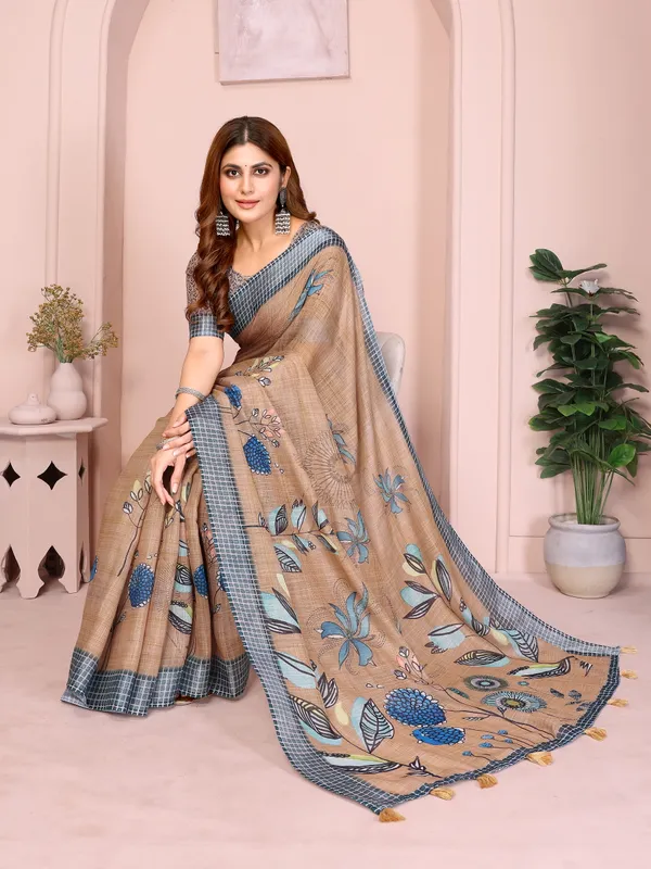 Beige Linen Cotton Floral Saree with Blue Contrast Borders