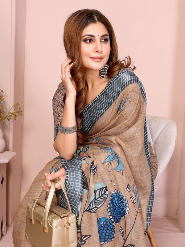 Beige Linen Cotton Floral Saree with Blue Contrast Borders