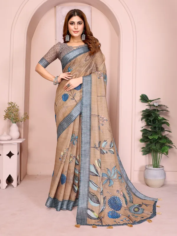 Beige Linen Cotton Floral Saree with Blue Contrast Borders