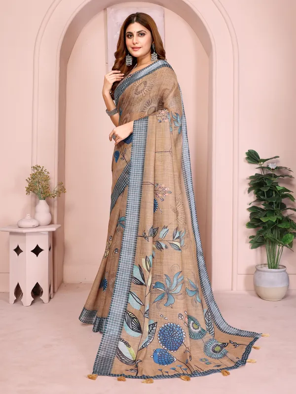 Beige Linen Cotton Floral Saree with Blue Contrast Borders