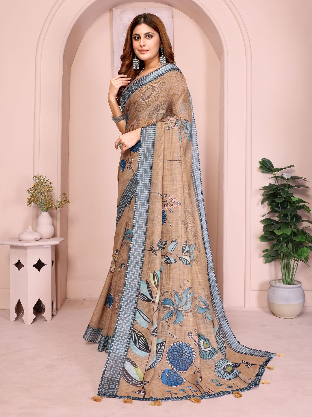 Beige Linen Cotton Floral Saree with Blue Contrast Borders