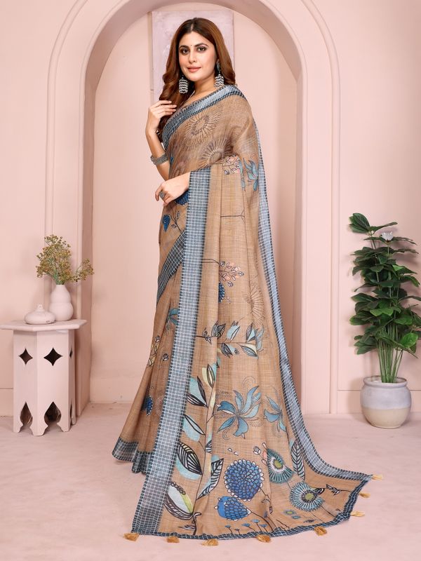 Beige Linen Cotton Floral Saree with Blue Contrast Borders