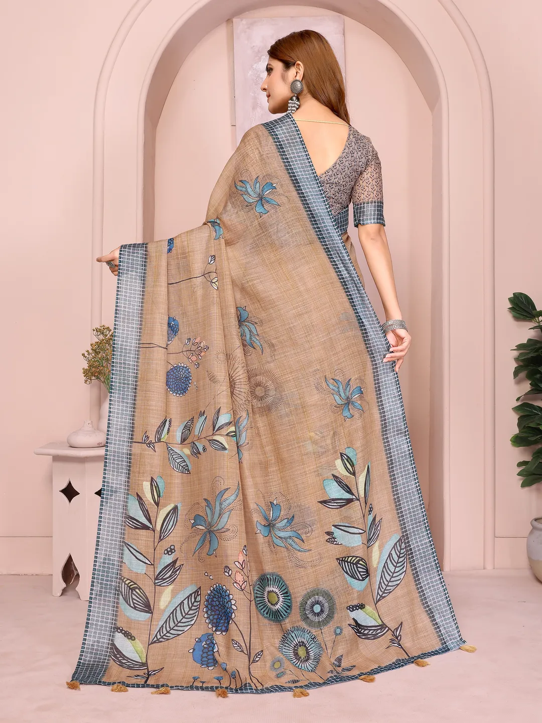 Beige Linen Cotton Floral Saree with Blue Contrast Borders