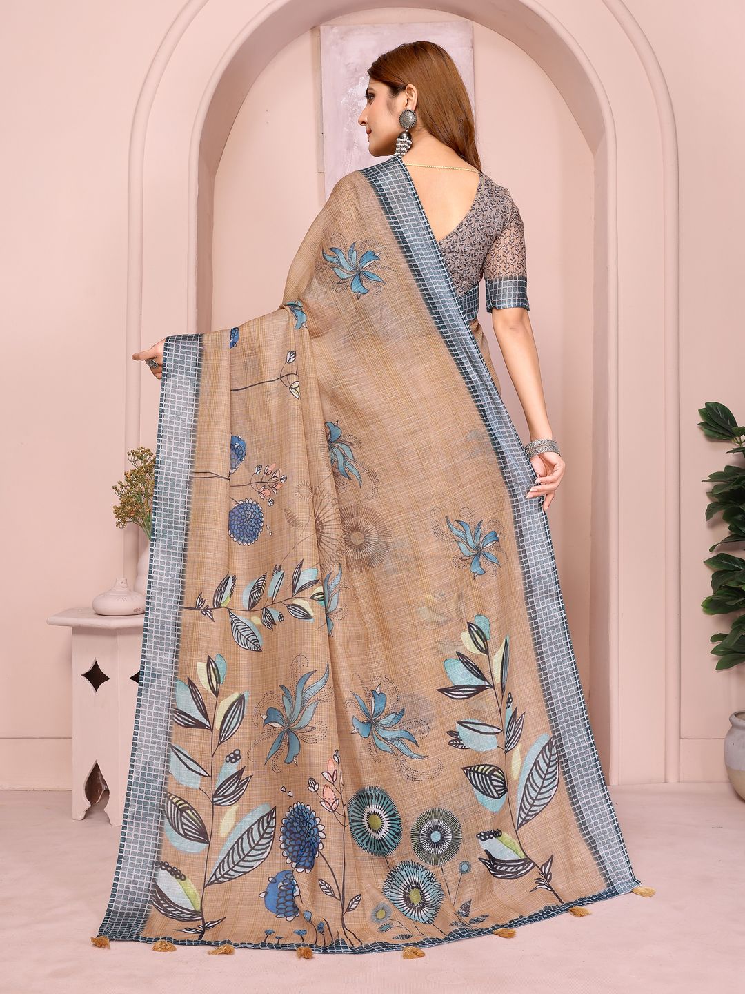 Beige Linen Cotton Floral Saree with Blue Contrast Borders