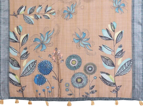 Beige Linen Cotton Floral Saree with Blue Contrast Borders