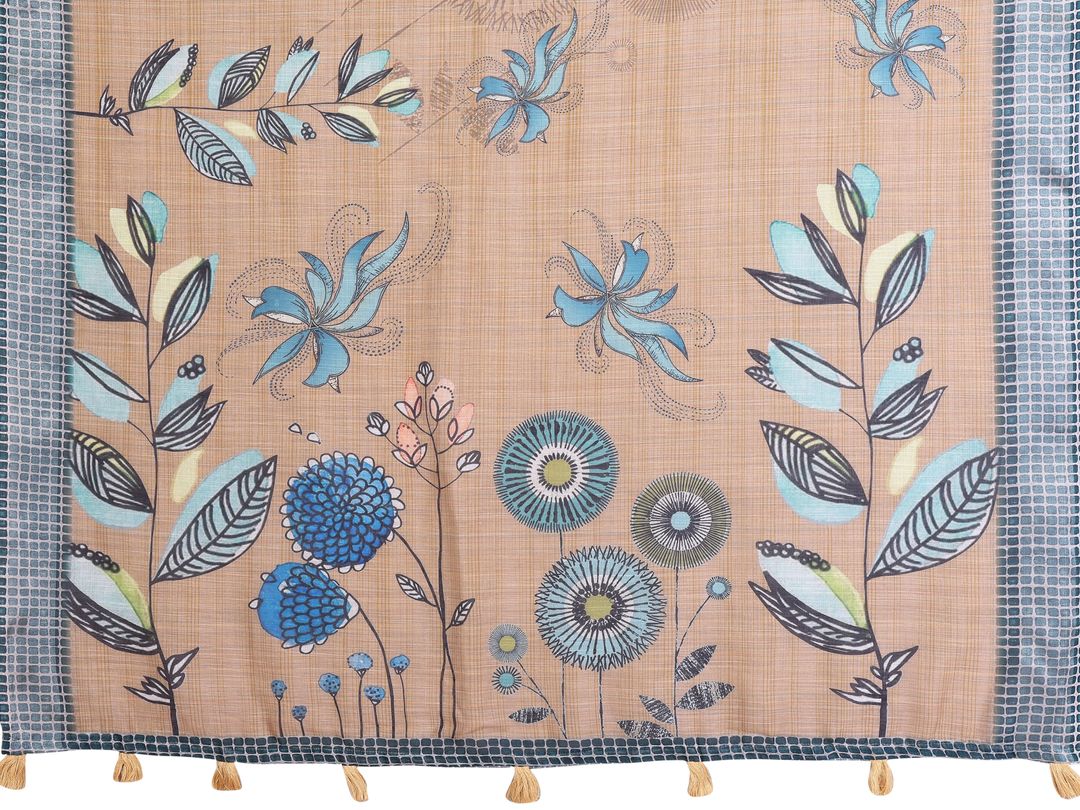 Beige Linen Cotton Floral Saree with Blue Contrast Borders