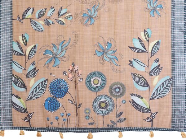Beige Linen Cotton Floral Saree with Blue Contrast Borders