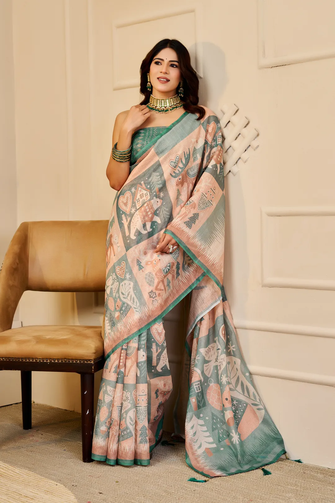 Peach Green Tissue Cotton Saree With Print Blouse Piece