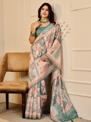 Peach Green Tissue Cotton Saree With Print Blouse Piece