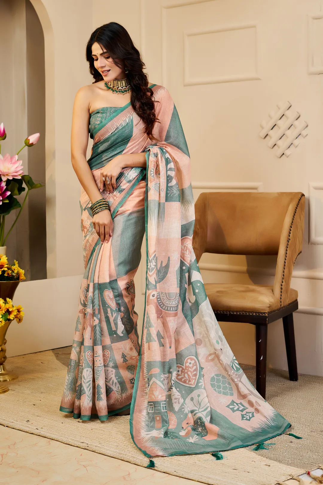 Peach Green Tissue Cotton Saree With Print Blouse Piece