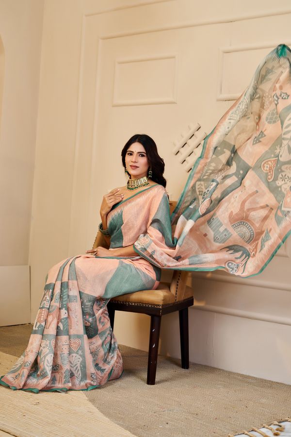 Peach Green Tissue Cotton Saree With Print Blouse Piece