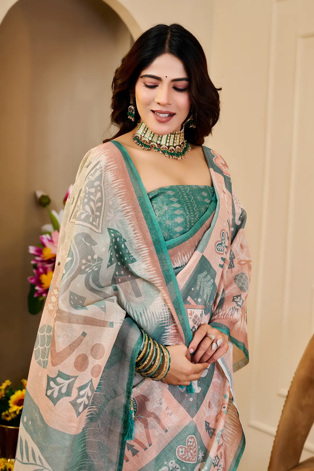 Peach Green Tissue Cotton Saree With Print Blouse Piece