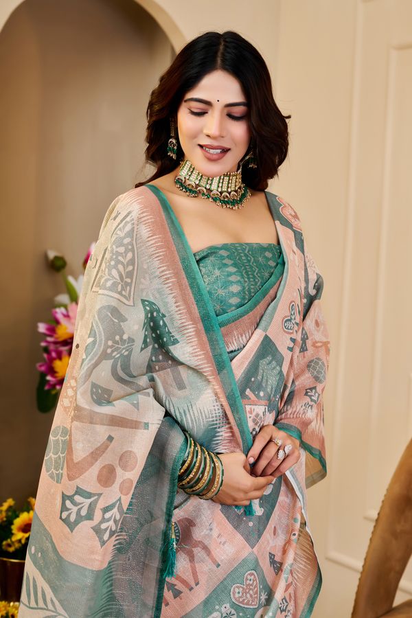 Peach Green Tissue Cotton Saree With Print Blouse Piece