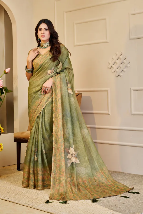 Olive Green Tissue Handloom Cotton Saree With Floral Prints