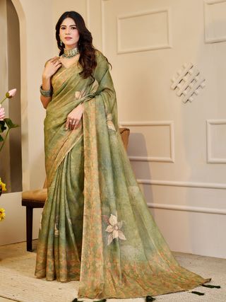 Olive Green Tissue Handloom Cotton Saree With Floral Prints